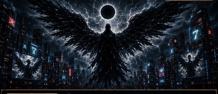 Un par de alas inmensas, de estática y sombras, recortadas contra un sol negro.
