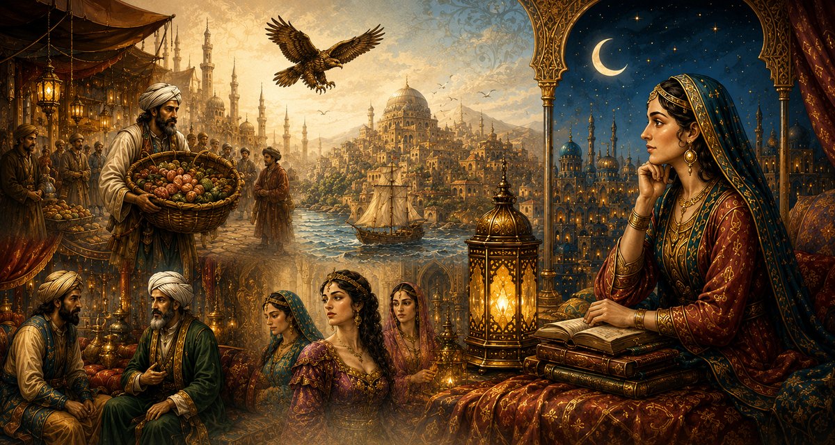 El mandadero de Bagdad y las tres doncellas en el palacio junto al estanque — Historia del Mandadero y las Tres Doncellas