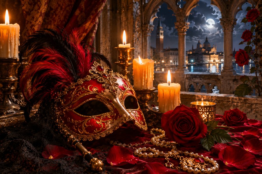 Máscara veneciana roja y dorada junto a velas, rosas y perlas, con vista nocturna de Venecia — homenaje ilustrado a Juliette del Marqués de Sade