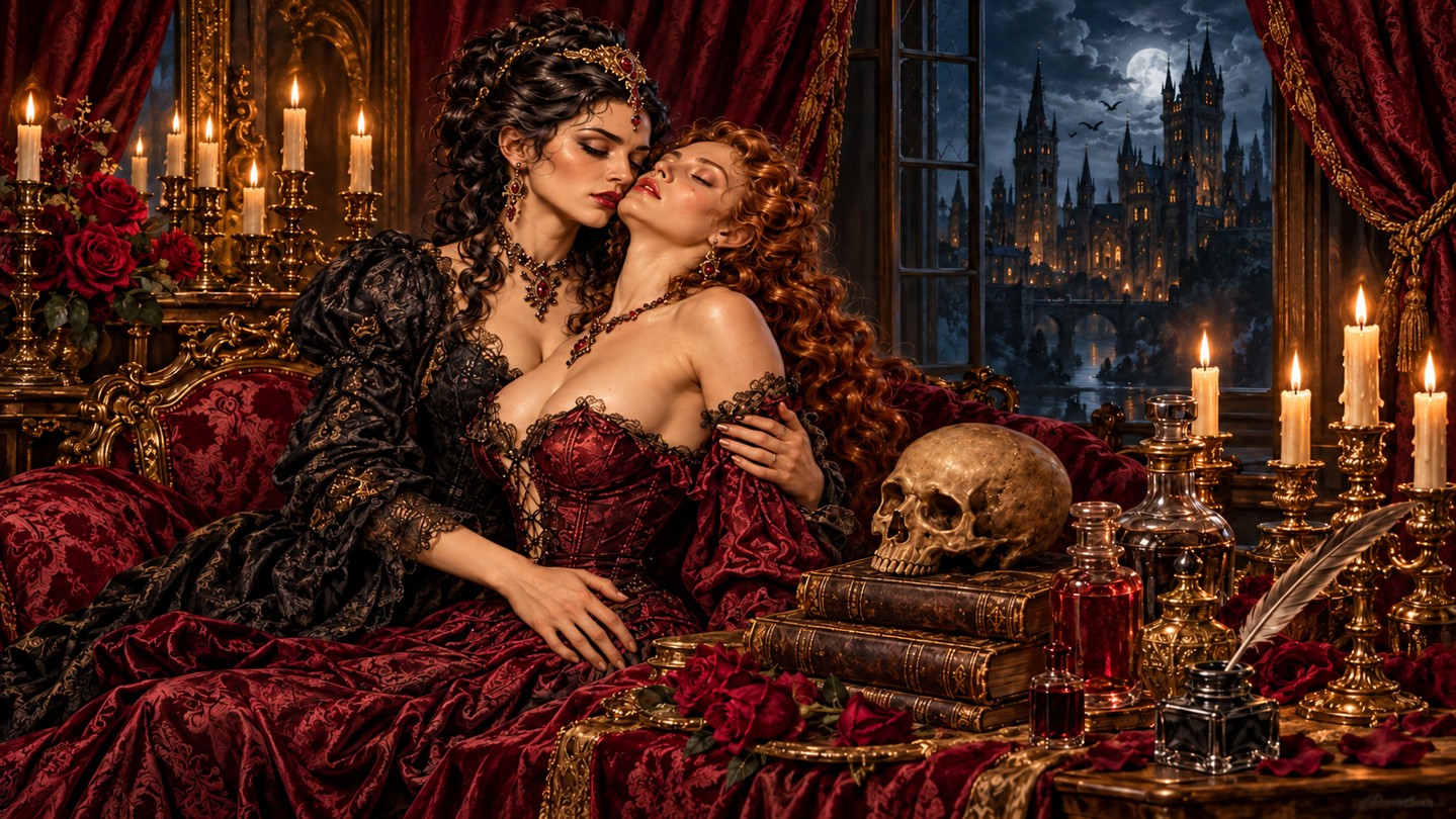 Durand y Juliette en una estancia gótica iluminada por velas