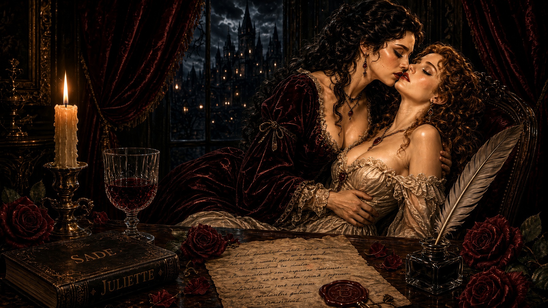 Lady Clairwil y Juliette en una estancia de época, con rosas, una vela y un ejemplar de Juliette