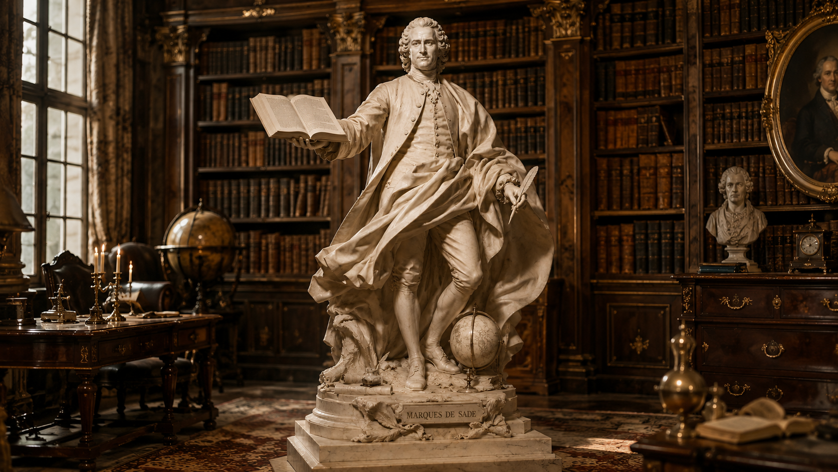 Retrato del Marqués de Sade en una biblioteca antigua iluminada por una vela