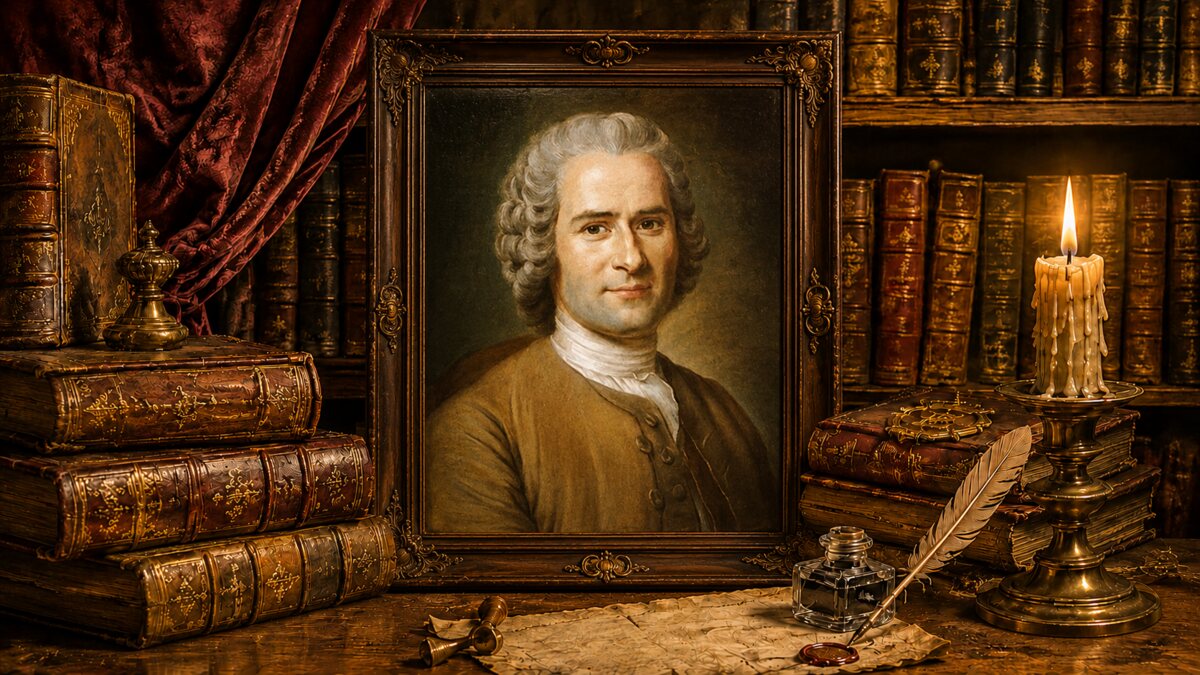 Retrato del Marqués de Sade en una biblioteca antigua iluminada por una vela